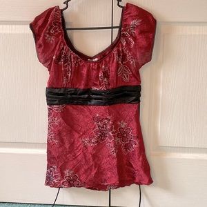 Red and black Asian floral peasant babydoll blouse, size L